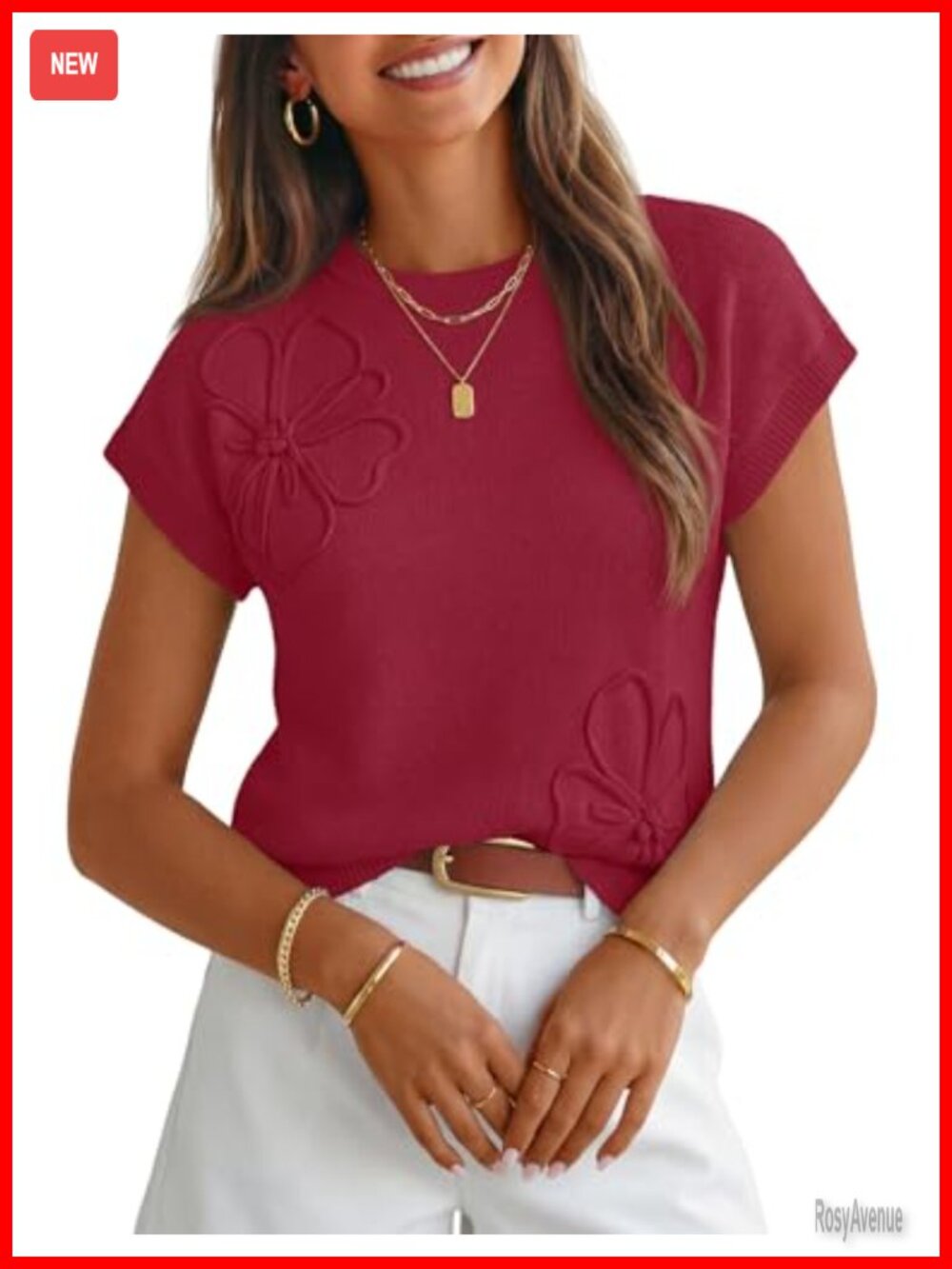 Floral Knit Sweater Vest Cap Sleeve Crew Neck Ribbed Trim Work Tops